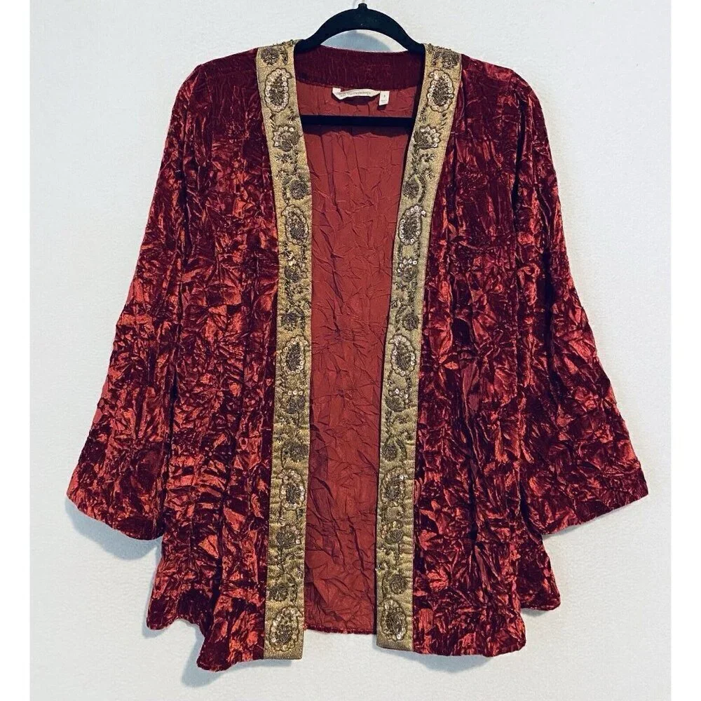Soft Surroundings Jacket Womens Small Red Crushed Velvet Sequin Beaded Luxury